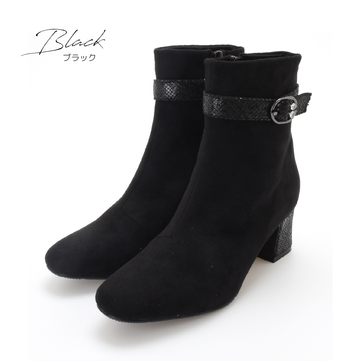 ショートブーツ レディース ブーツ ビジュー付 ベルト アーモンドトゥ ファスナー チャンキーヒール 太ヒール 暖かい 防寒 歩きやすい 痛くない  #6102 |  | 01