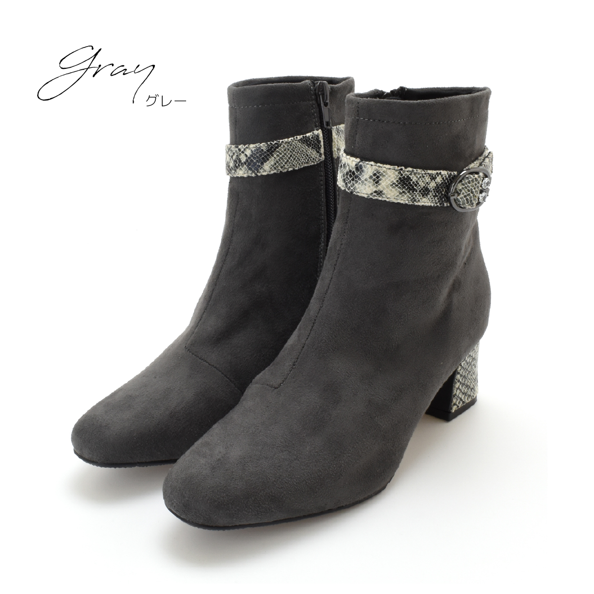 ショートブーツ レディース ブーツ ビジュー付 ベルト アーモンドトゥ ファスナー チャンキーヒール 太ヒール 暖かい 防寒 歩きやすい 痛くない  #6102 |  | 02