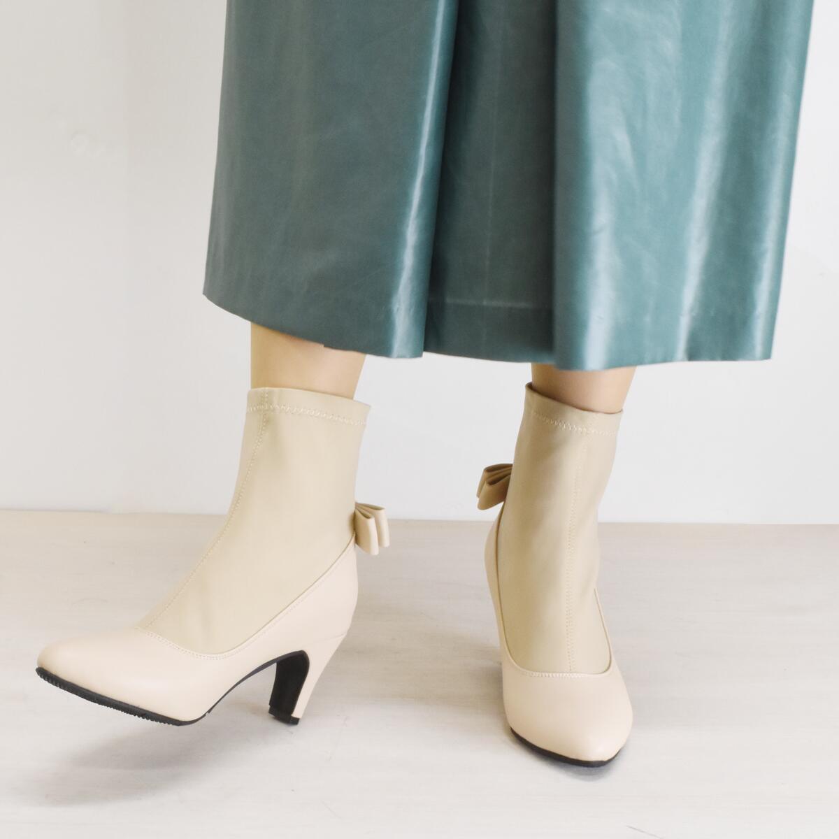 ショートブーツ ストレッチ ドッキング レディース アーモンドトゥ スティックヒール バックリボン 温かい 歩きやすい 痛くない  #6105 |  | 06