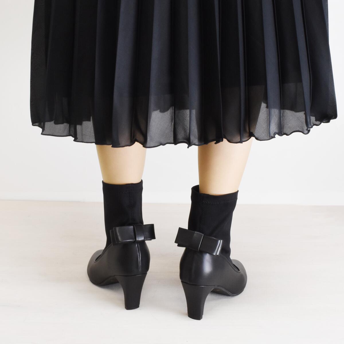 ショートブーツ ストレッチ ドッキング レディース アーモンドトゥ スティックヒール バックリボン 温かい 歩きやすい 痛くない  #6105 |  | 04