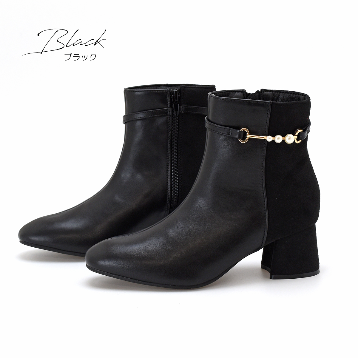 ショートブーツ パール ベルト バイカラー ブーティ キラキラ  アーモンドトゥ シンプル レディース チャンキーヒール 太ヒール ファスナー 靴 #6112 |  | 01