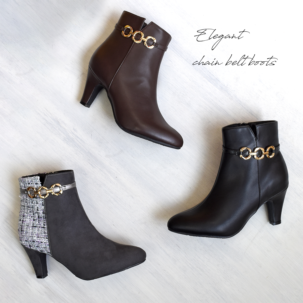 ショートブーツ チェーン ベルト ブーティ キラキラ  アーモンドトゥ シンプル レディース ミドルヒール ハイヒール 太ヒール ファスナー 靴 #6115 |  | 14