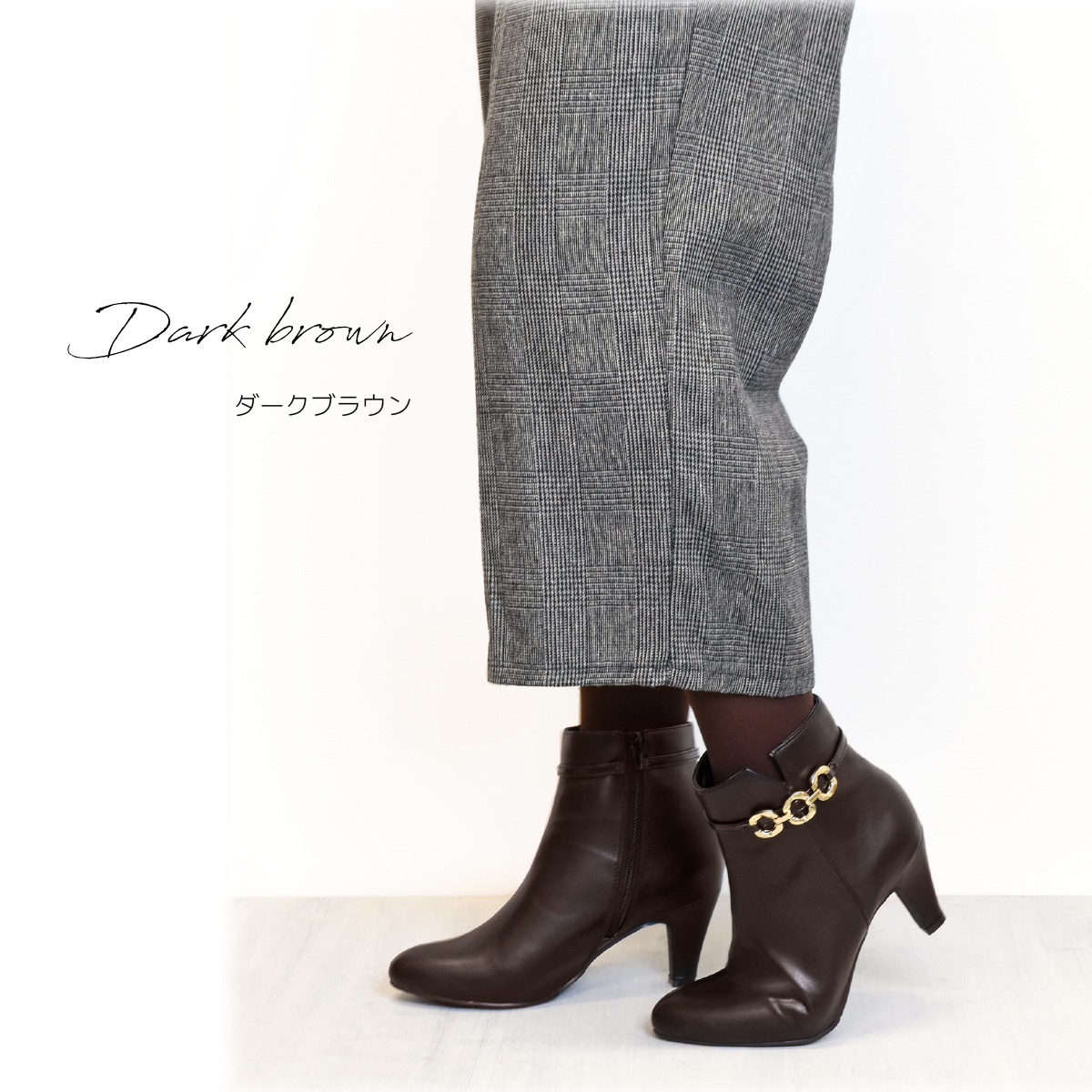 ショートブーツ チェーン ベルト ブーティ キラキラ  アーモンドトゥ シンプル レディース ミドルヒール ハイヒール 太ヒール ファスナー 靴 #6115 |  | 06