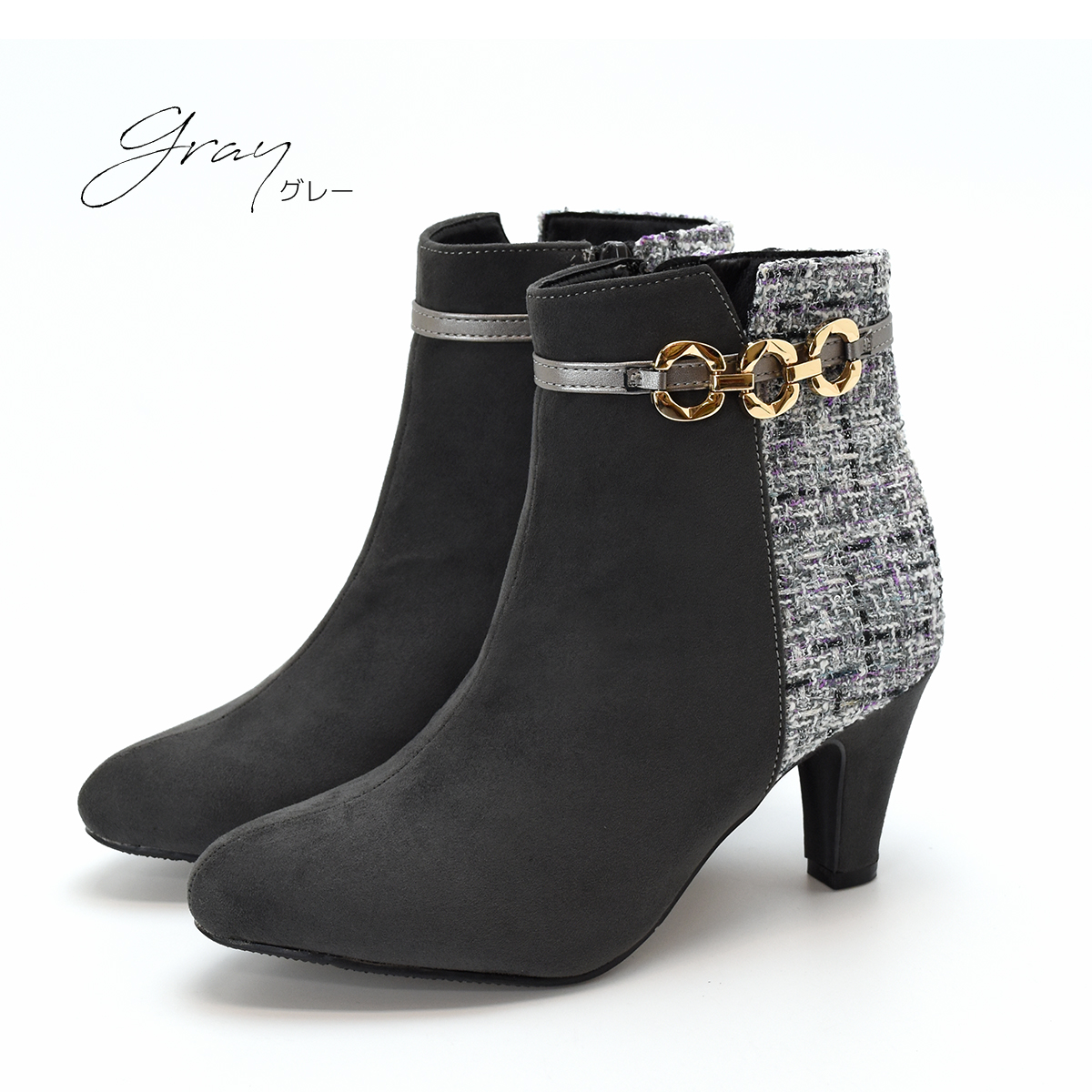 ショートブーツ チェーン ベルト ブーティ キラキラ  アーモンドトゥ シンプル レディース ミドルヒール ハイヒール 太ヒール ファスナー 靴 #6115 |  | 02