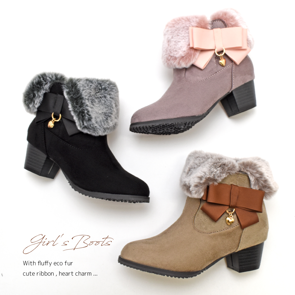 キッズ ショート ブーツ リボン ファー 女の子 子ども 防寒 温かい ヒール おしゃれ 可愛い クリスマス プレゼント 黒 ブラック 靴 ジュニア #6554 |  | 04