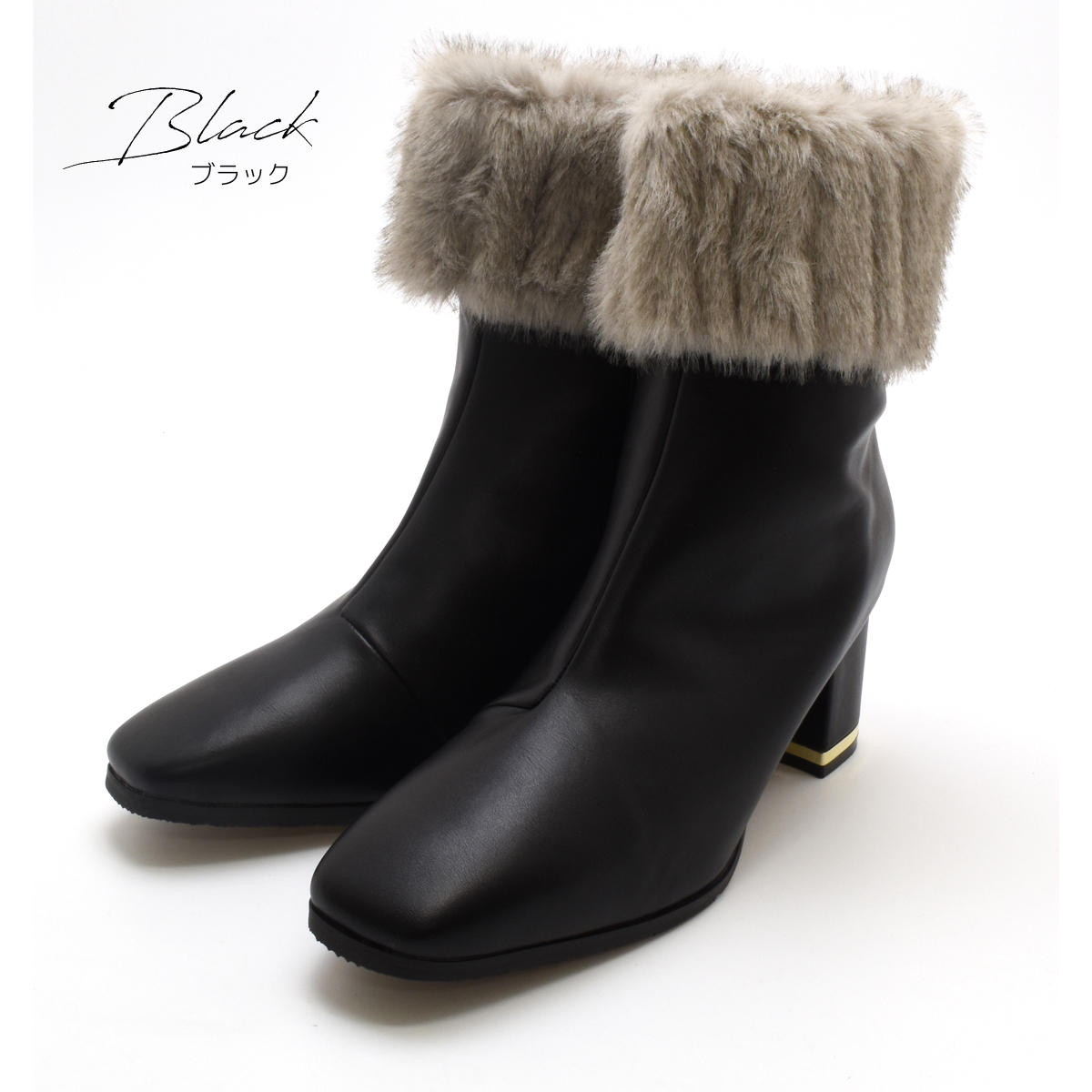 ファー付き ショートブーツ レディース 暖かい 防寒 ふわふわ スクエアトゥ ファスナー チャンキーヒール 太ヒール 歩きやすい 痛くない  #6787 |  | 01