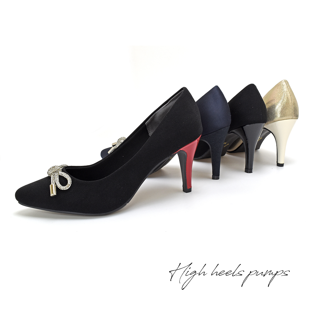 パンプス フォーマル リボン ハイヒール キラキラ レディース 低反発 黒 ブラック ラメ ポインテッド 9cmヒール 結婚式 パーティ オケージョン #8128 |  | 05