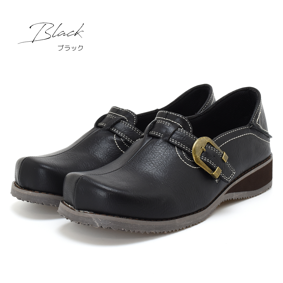 スリッポン レディース 靴 黒 カジュアルシューズ ウエッジソール