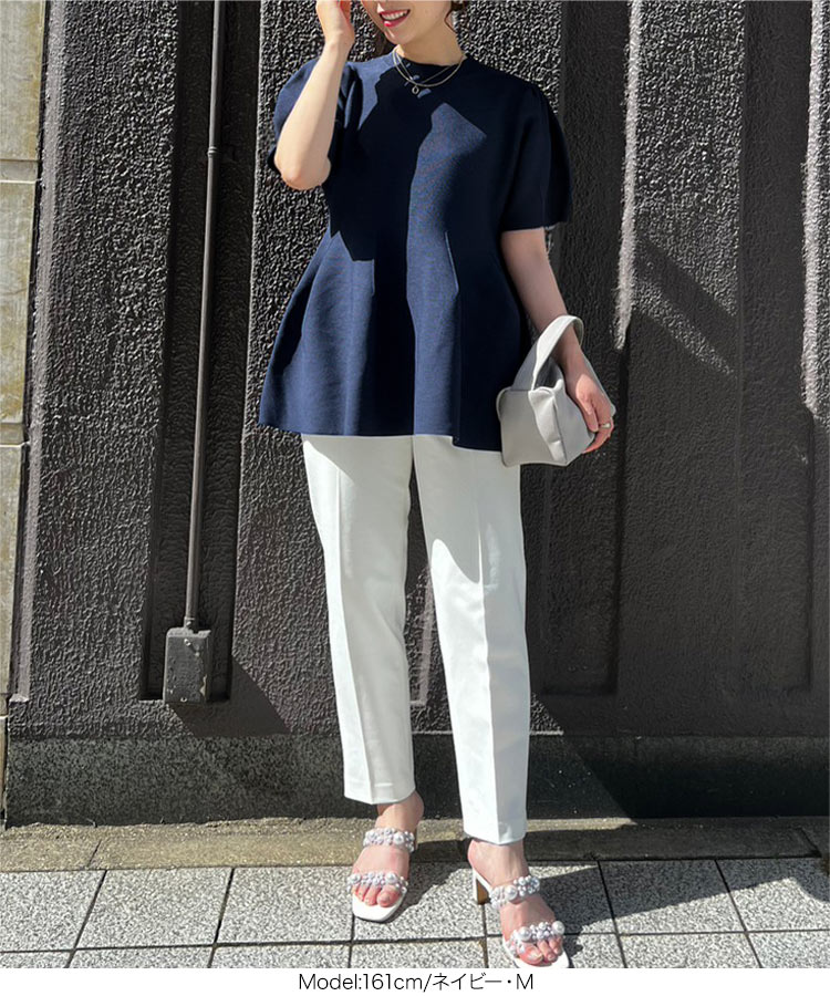 ボリュームスリーブ ボリュームフレアサマーニット レディース 夏ニット 春ニット ペプラムデザイン ウエストマーク C6671