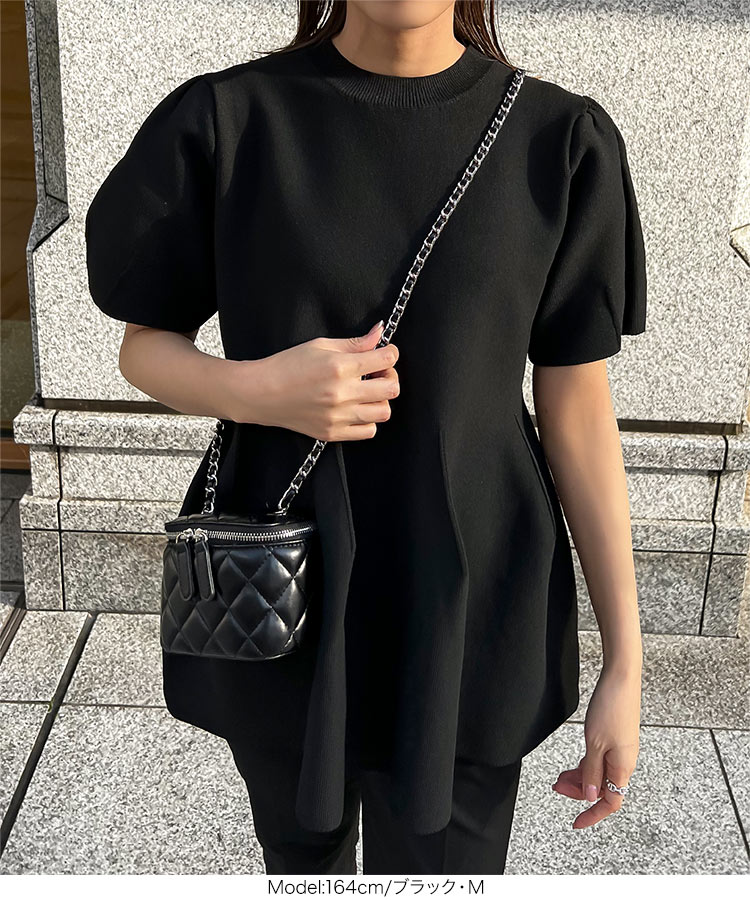ボリュームスリーブ ボリュームフレアサマーニット レディース 夏ニット 春ニット ペプラムデザイン ウエストマーク C6671