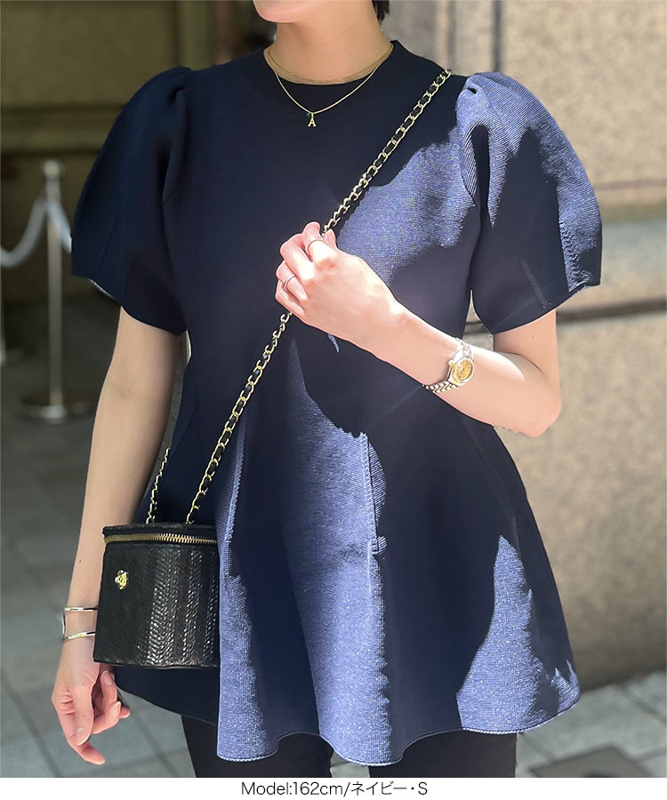 ボリュームスリーブ ボリュームフレアサマーニット レディース 夏ニット 春ニット ペプラムデザイン ウエストマーク C6671