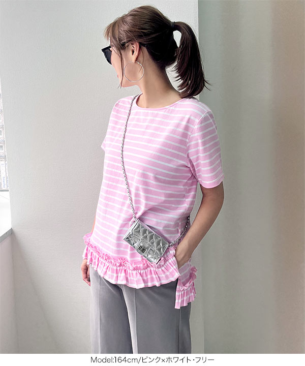 YOKOCHAN フリル　ピンク　チュニック　半袖　Vネックトップス　日本製 KOBE LETTUCE（神戸レタス） Tシャツ レディース トップス 半袖