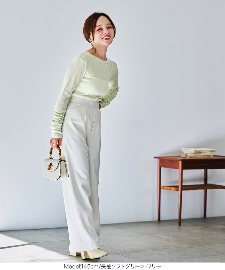 低身長 田中亜希子さんコラボ クルーネックシアーリブニットトップス レディース 20代 30代 40代 C7339