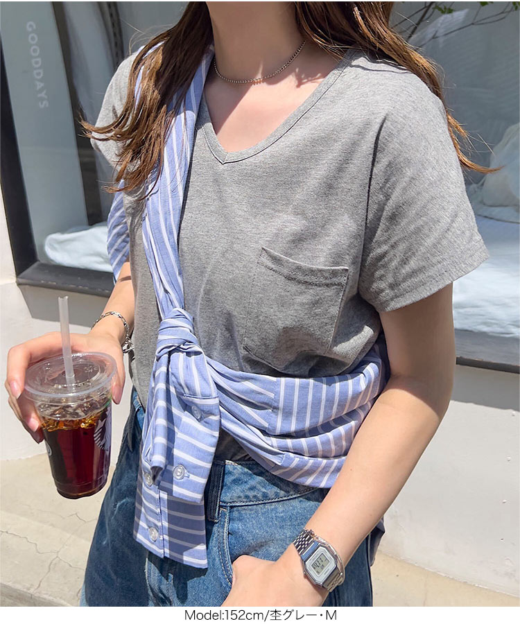 ベーシック MLXL汗じみ防止 UVカット ポケット付きVネックTシャツ レディース 20代 30代 40代 Tシャツ C7575