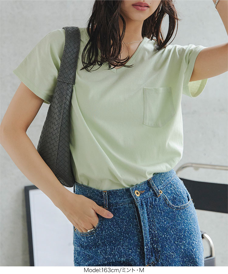 ベーシック MLXL汗じみ防止 UVカット ポケット付きVネックTシャツ レディース 20代 30代 40代 Tシャツ C7575