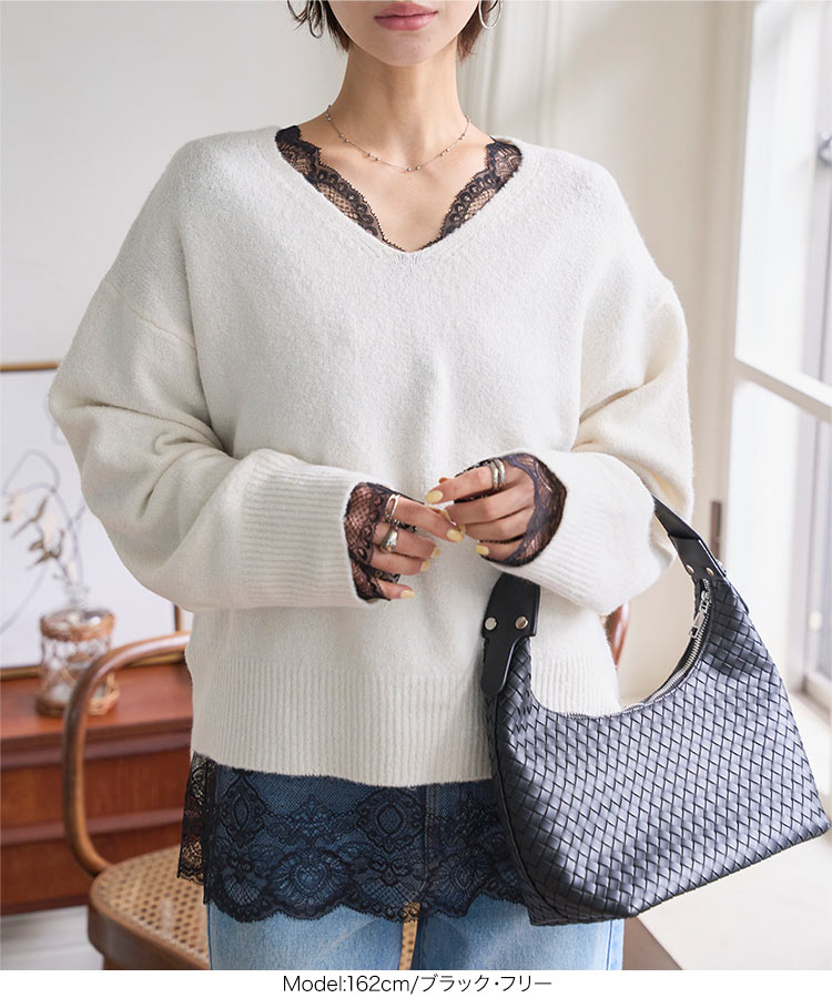 長袖 前後2wayレーストップスインナー レディース 20代 30代 40代 トップス インナー レース Vネック スクエアネック C7736