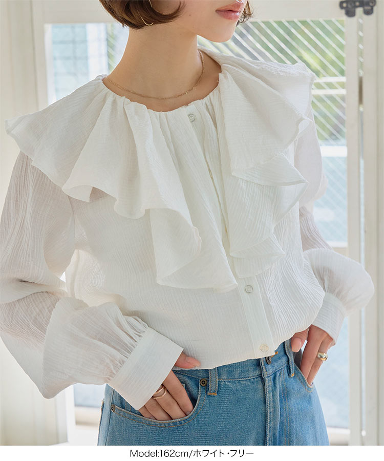 フリル フリルカラーシアーブラウス レディース 20代 30代 40代 ブラウス シアー 透け感 シアートップス シアー C7787