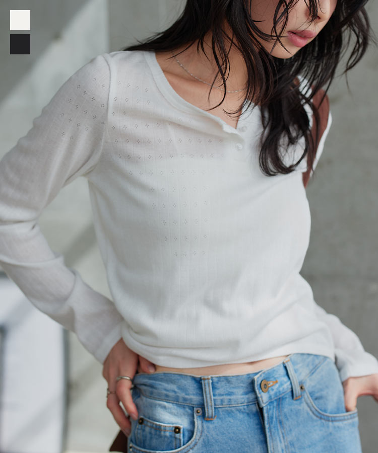 Tシャツ アイレットリブヘンリーネックトップス レディース 20代 30代 40代 トップス ヘンリーネック 長袖 リブ C7797