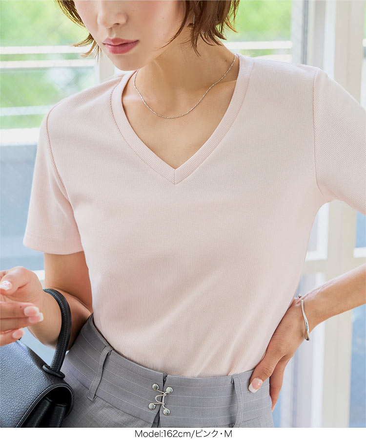 深Vネック MLXL選べるサイズ 深Vネック細リブ半袖Tシャツ レディース トップス Tシャツ 半袖 リブ Vネック C7867