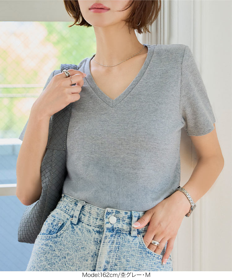深Vネック MLXL選べるサイズ 深Vネック細リブ半袖Tシャツ レディース トップス Tシャツ 半袖 リブ Vネック C7867