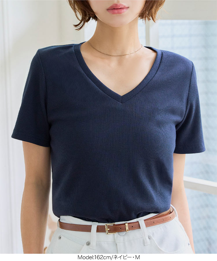 深Vネック MLXL選べるサイズ 深Vネック細リブ半袖Tシャツ レディース トップス Tシャツ 半袖 リブ Vネック C7867