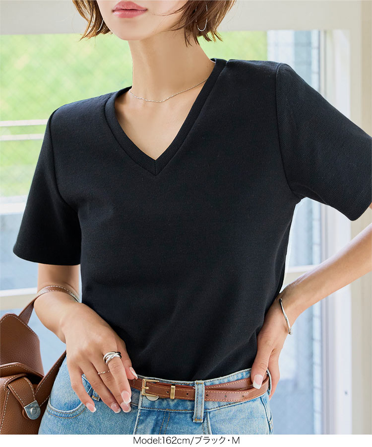 深Vネック MLXL選べるサイズ 深Vネック細リブ半袖Tシャツ レディース トップス Tシャツ 半袖 リブ Vネック C7867