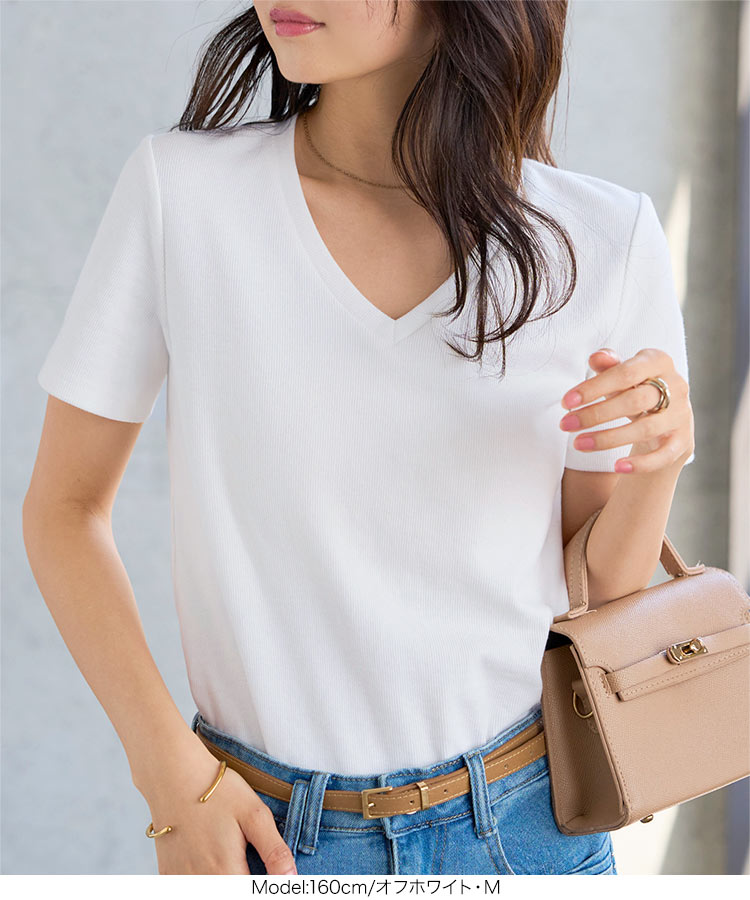 深Vネック MLXL選べるサイズ 深Vネック細リブ半袖Tシャツ レディース トップス Tシャツ 半袖 リブ Vネック C7867