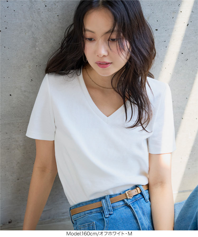 深Vネック MLXL選べるサイズ 深Vネック細リブ半袖Tシャツ レディース トップス Tシャツ 半袖 リブ Vネック C7867