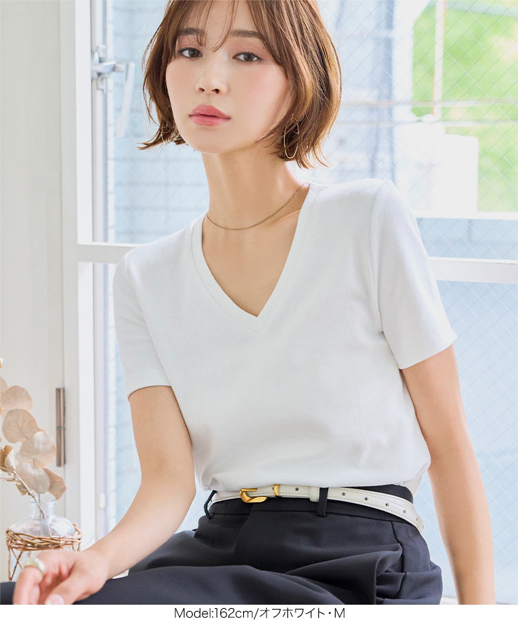 深Vネック MLXL選べるサイズ 深Vネック細リブ半袖Tシャツ レディース トップス Tシャツ 半袖 リブ Vネック C7867