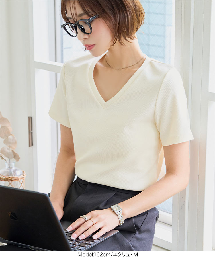 深Vネック MLXL選べるサイズ 深Vネック細リブ半袖Tシャツ レディース トップス Tシャツ 半袖 リブ Vネック C7867