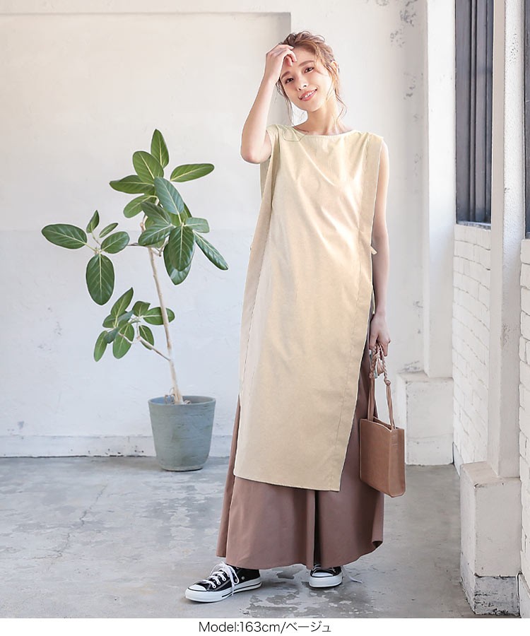 ワンピース ノースリーブ 春夏 サイドリボン ロング丈 膝下 レイヤー
