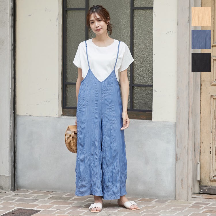 サロペット ワッシャー オールインワン ワイドパンツ ゆったり 大人 夏 楽ちん レディース 開店祝い 体型カバー E2518