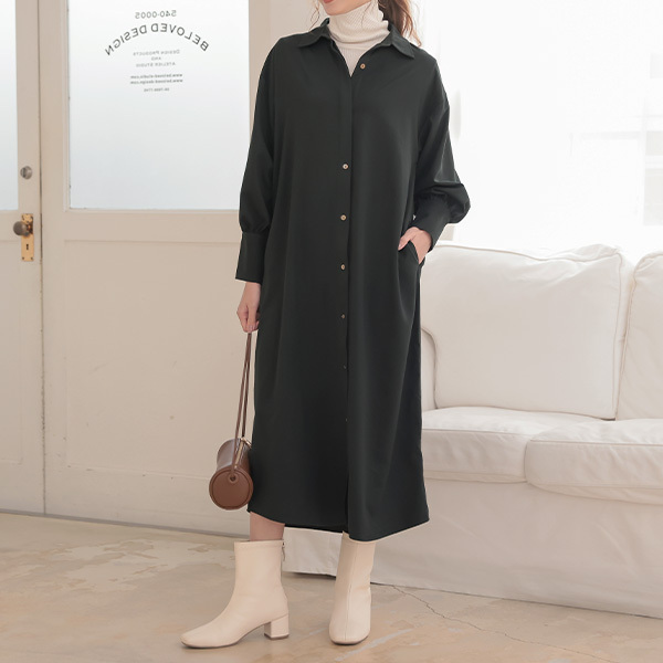 ワンピース ロング シャツワンピース 2way 体型カバー ゆったり シンプル ボリュームスリーブ 大人 秋冬 E2629 | KOBE LETTUCE | 04
