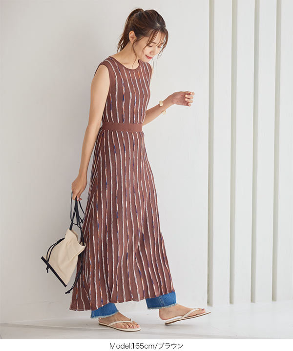 夏 おしゃれ フレア ワンピース サマーニット ストライプ KOBE LETTUCE ワンピース レディース 夏 リラックス シアー