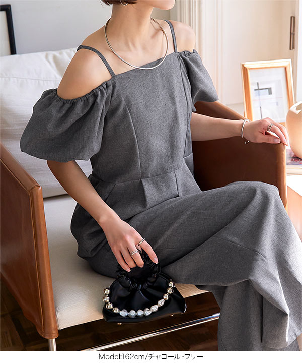 グレー オフショルダー ワイドパンツ サロペット KOBE LETTUCE サロペット 50代 オールインワン レディース 40代