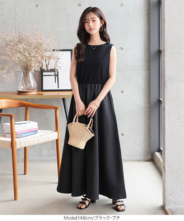 【極美品】ルネベーシック　ノースリーブワンピース　リボン　フォーマル　ストレッチ KOBE LETTUCE ワンピース ロング 低身長 小柄 40代 50代