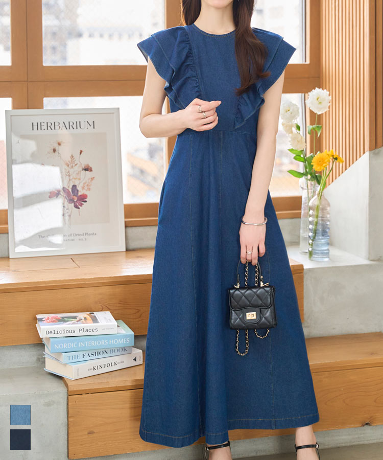 極美品✨ルネ フリル装飾 春夏に◎ノースリーブ ロングワンピース 9a758cadf536ccd86f313010c5ce63