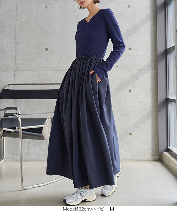 現行品新品m,i,d, リブニットドッキングワンピース　ネイビー34 KOBE LETTUCE（神戸レタス） ワンピース レディース 長袖 フレア