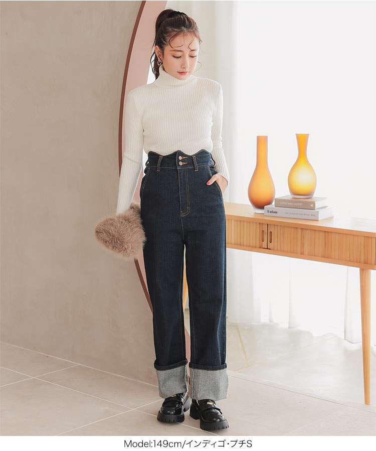 ストレッチ プチレタス ウエストスカラップロールアップデニムパンツ レディース 小さいサイズ 低身長 20代 30代 40代 M4064