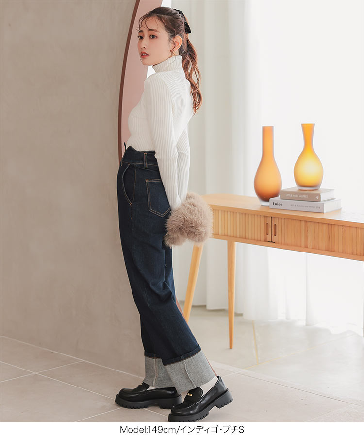 ストレッチ プチレタス ウエストスカラップロールアップデニムパンツ レディース 小さいサイズ 低身長 20代 30代 40代 M4064