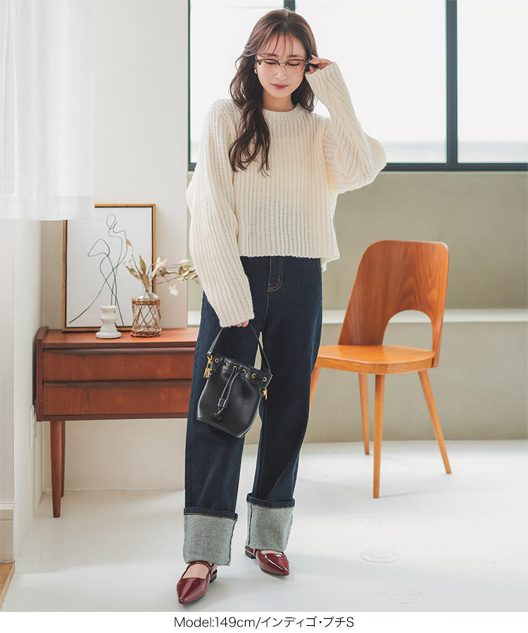 ストレッチ プチレタス ウエストスカラップロールアップデニムパンツ レディース 小さいサイズ 低身長 20代 30代 40代 M4064