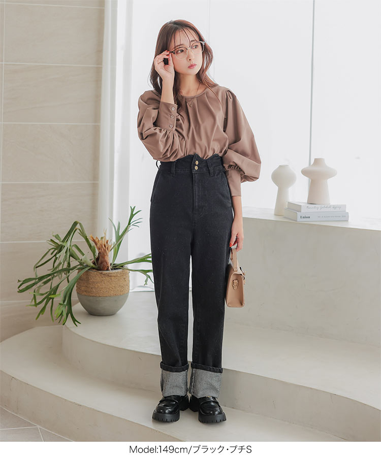 ストレッチ プチレタス ウエストスカラップロールアップデニムパンツ レディース 小さいサイズ 低身長 20代 30代 40代 M4064