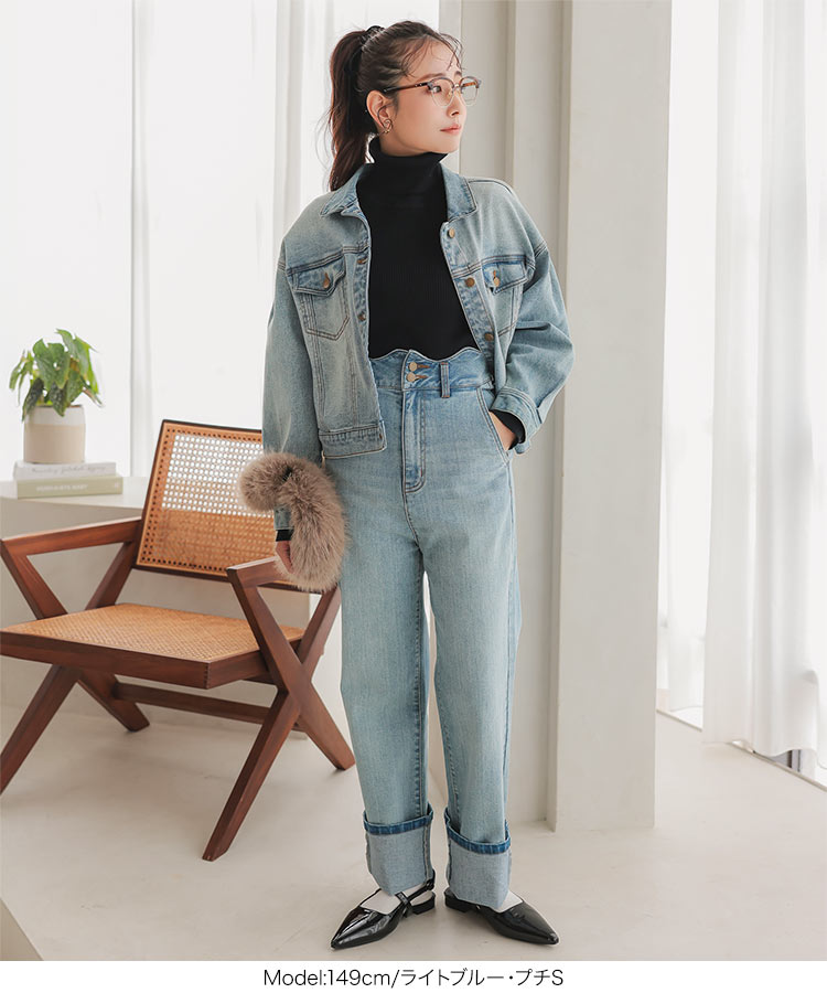 ストレッチ プチレタス ウエストスカラップロールアップデニムパンツ レディース 小さいサイズ 低身長 20代 30代 40代 M4064