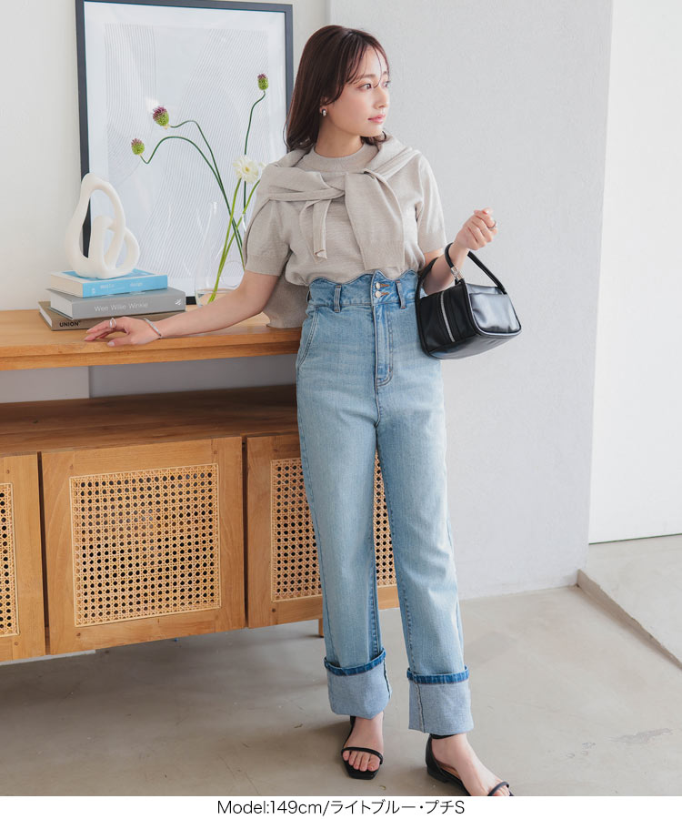 ストレッチ プチレタス ウエストスカラップロールアップデニムパンツ レディース 小さいサイズ 低身長 20代 30代 40代 M4064