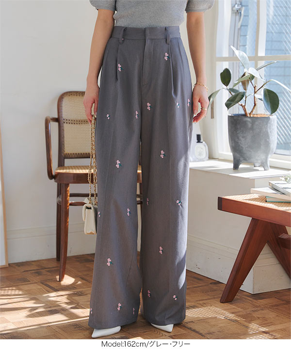 LCB-2409-023 パンツ ワイド ロング丈 刺繍 リボン タック シン リボンベルト付シンプルタックワイドパンツ – レディース