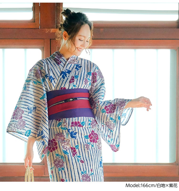 コットン 大人の浴衣＋作り帯セット レディース 女性 浴衣セット 帯 レトロ モダン 赤 紺 花柄 ストライプ 花火大会 X379