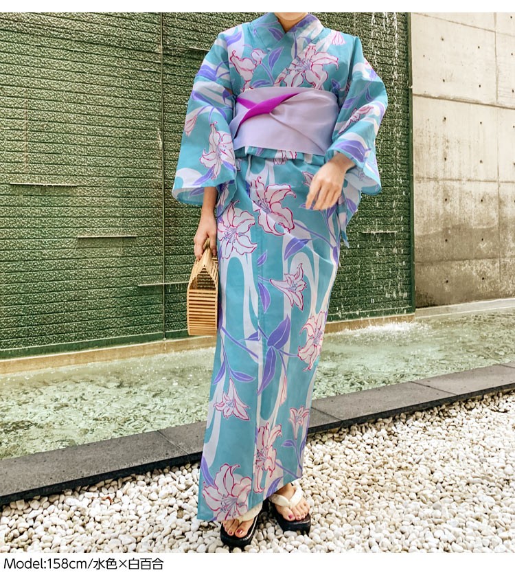 コットン 大人の浴衣＋作り帯セット レディース 女性 浴衣セット 帯 レトロ モダン 赤 紺 花柄 ストライプ 花火大会 X379