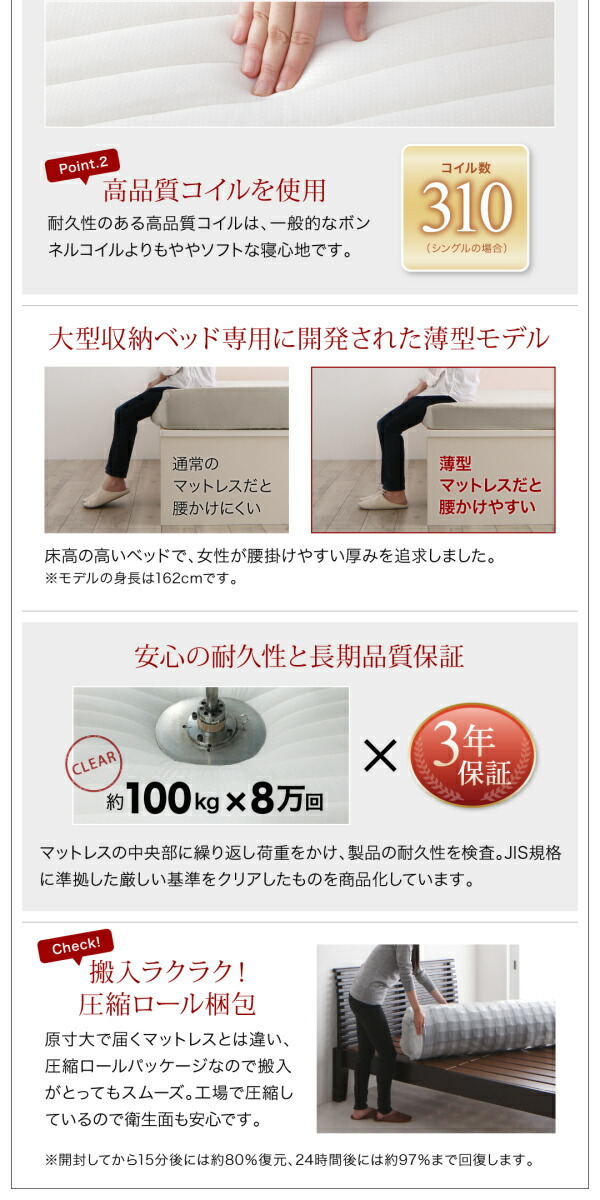 ベッド 収納付きベッド マットレス付き 収納付 収納ベッド 跳ね上げ 跳ね上げベッド 薄型プレミアムボンネルコイルマットレス付き 縦開き シングル 深さラージ