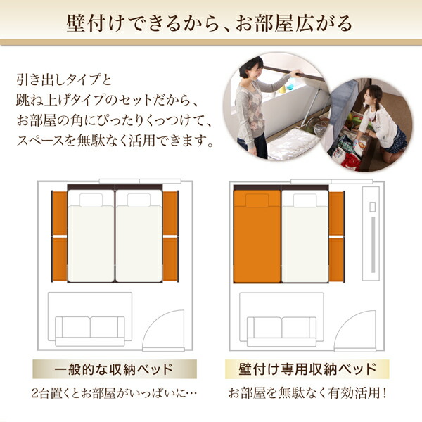 お客様組立 壁付できる棚コンセント付国産ファミリー収納ベッド ベッドフレームのみ A+Bタイプ ワイドK200の画像