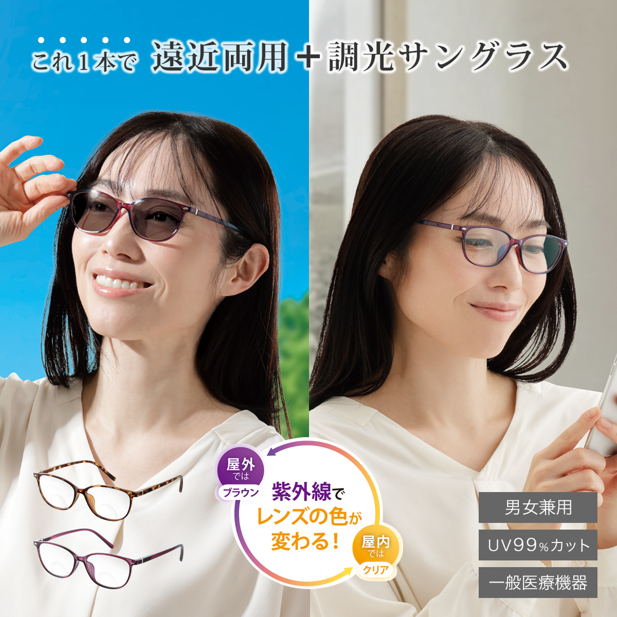 サングラス メガネ 遠近 遠近両用 調光 UVカット 老眼 老眼鏡 UVカット